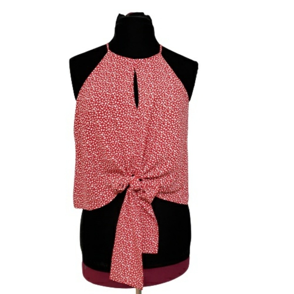 Abbeline Womens Red White Patterned Halter Neck Tie Front Keyhole Top Size M